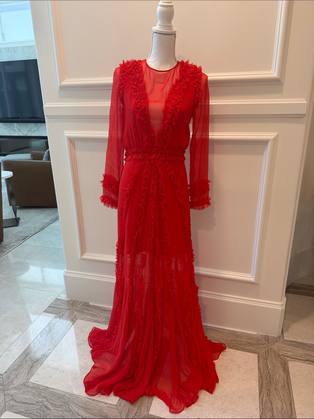 Red Sheer Ruffled Maxi Dress by ALEXIS
